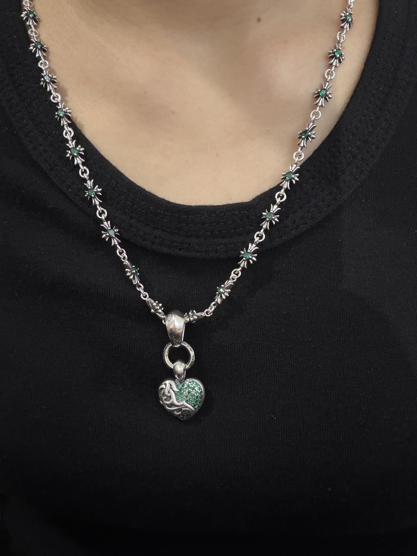 Chrome Hearts Silver Emerald Heart Pendant Necklace